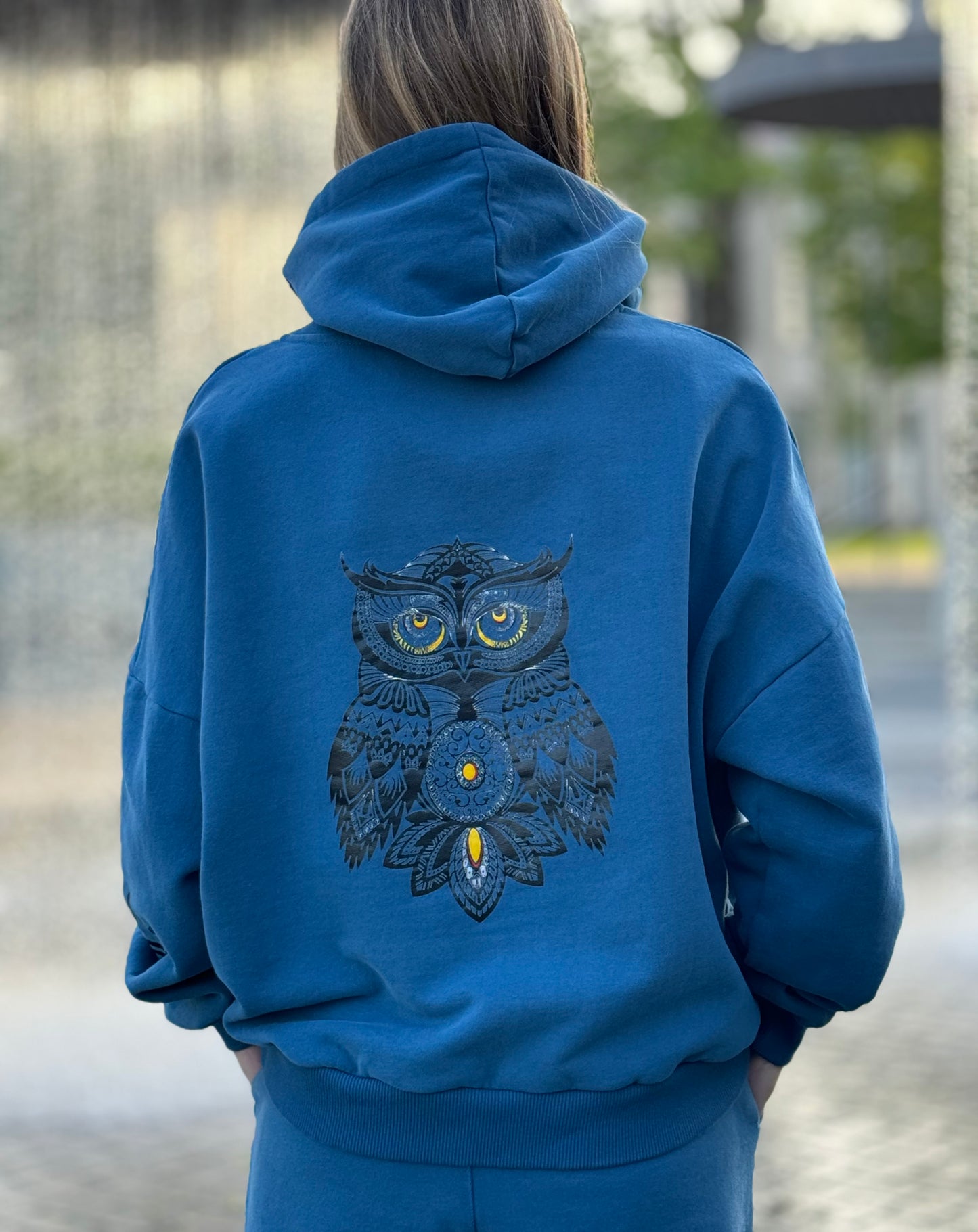PEPPER Magic Royal Blue džemperis su pūkeliu, gobtuvu ir pelėda moterims