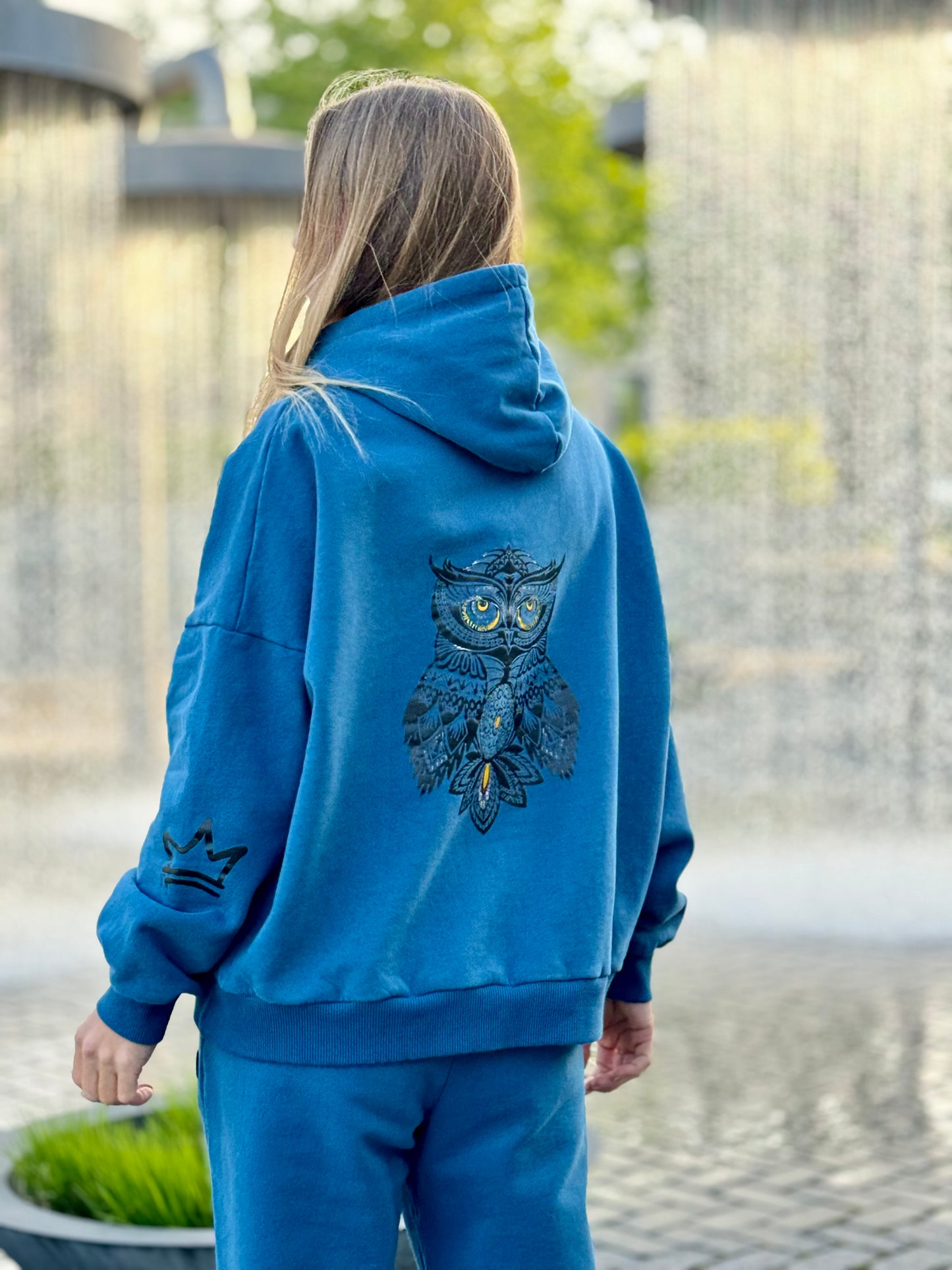 PEPPER Magic Royal Blue džemperis su pūkeliu, gobtuvu ir pelėda moterims