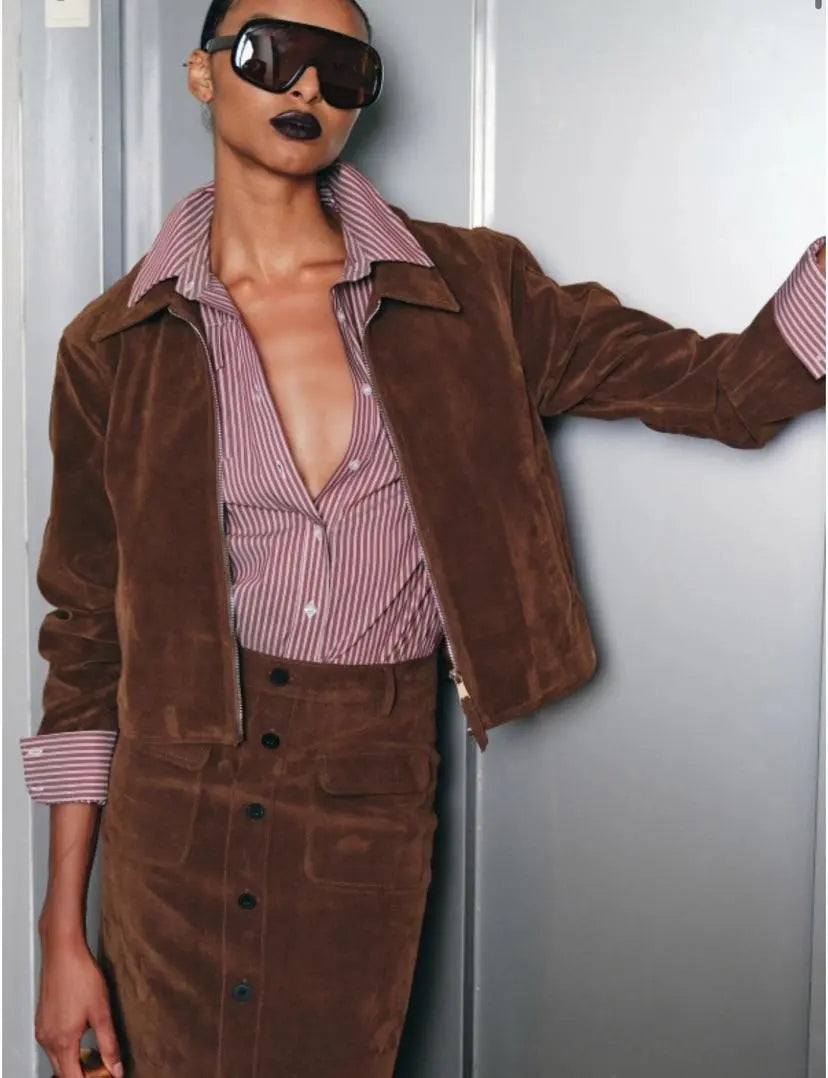 LUMINA zomšinis rudas švarkas moterims