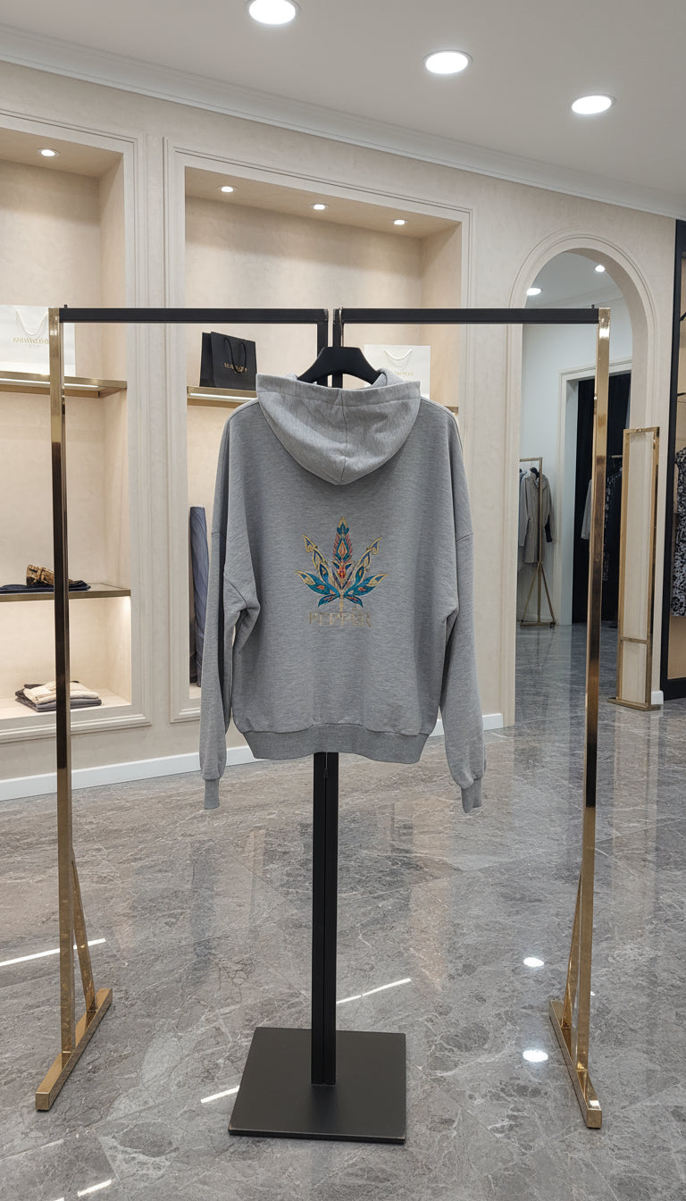 PEPPER UNISEX Grey džemperis su gobtuvu ir logotipu nugaroje