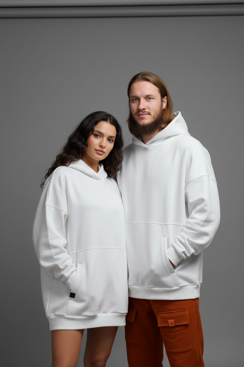 PEPPER UNISEX oversized baltas džemperis su gobtuvu