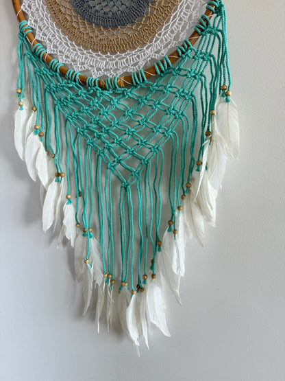 42 cm mint dream catcher with white feathers