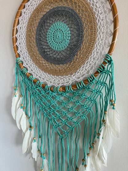 42 cm mint dream catcher with white feathers