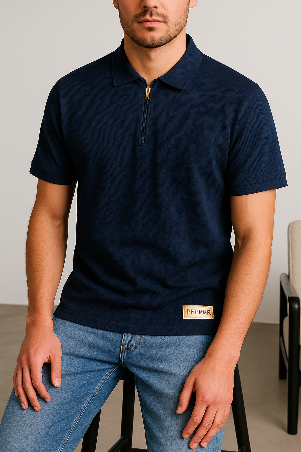 PEPPER Pique Navy Pique Polo marškinėliai su užtrauktuku vyrams