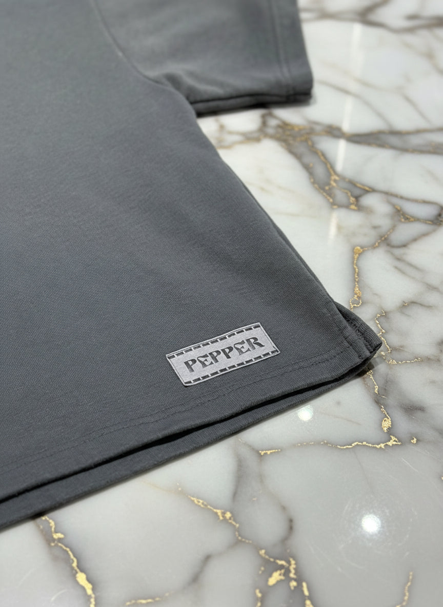 PEPPER crop top space grey storimarškinėliai moterims