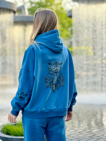PEPPER Magic Royal Blue džemperis su pūkeliu, gobtuvu ir pelėda moterims