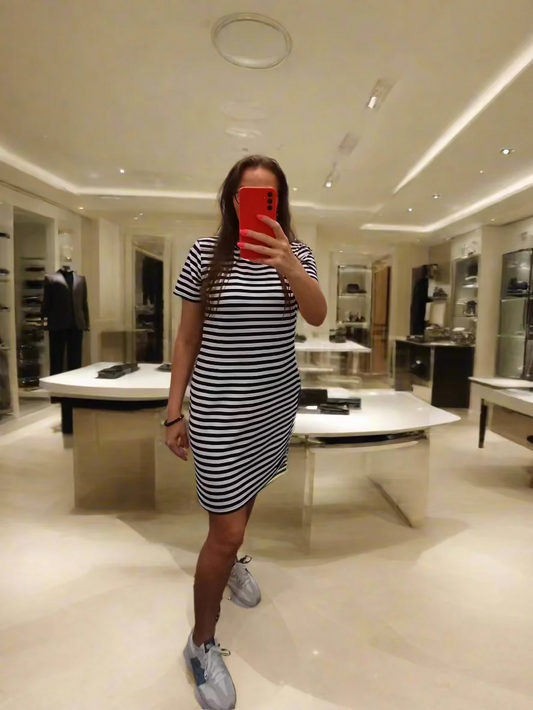 PEPPER White &amp; Blue Pique Dress for Women with Short Sleeves